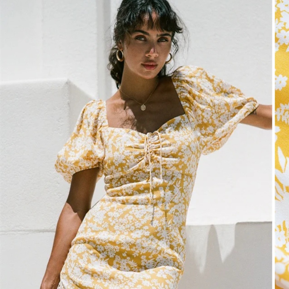 Yellow Floral Puff Sleeve Dress